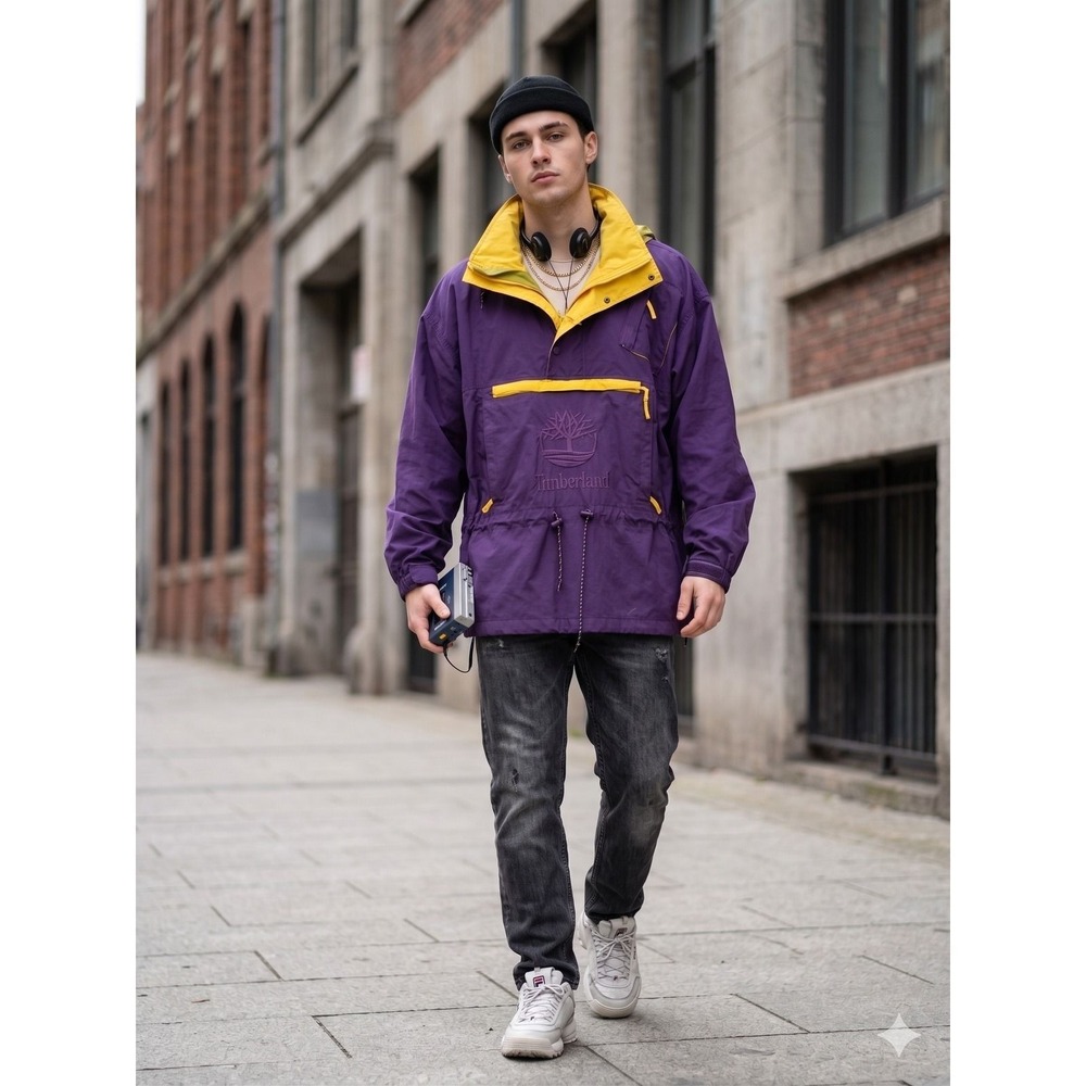Vintage Timberland Weathergear Anorak Jacket Purple Yellow Mens XL Pullover